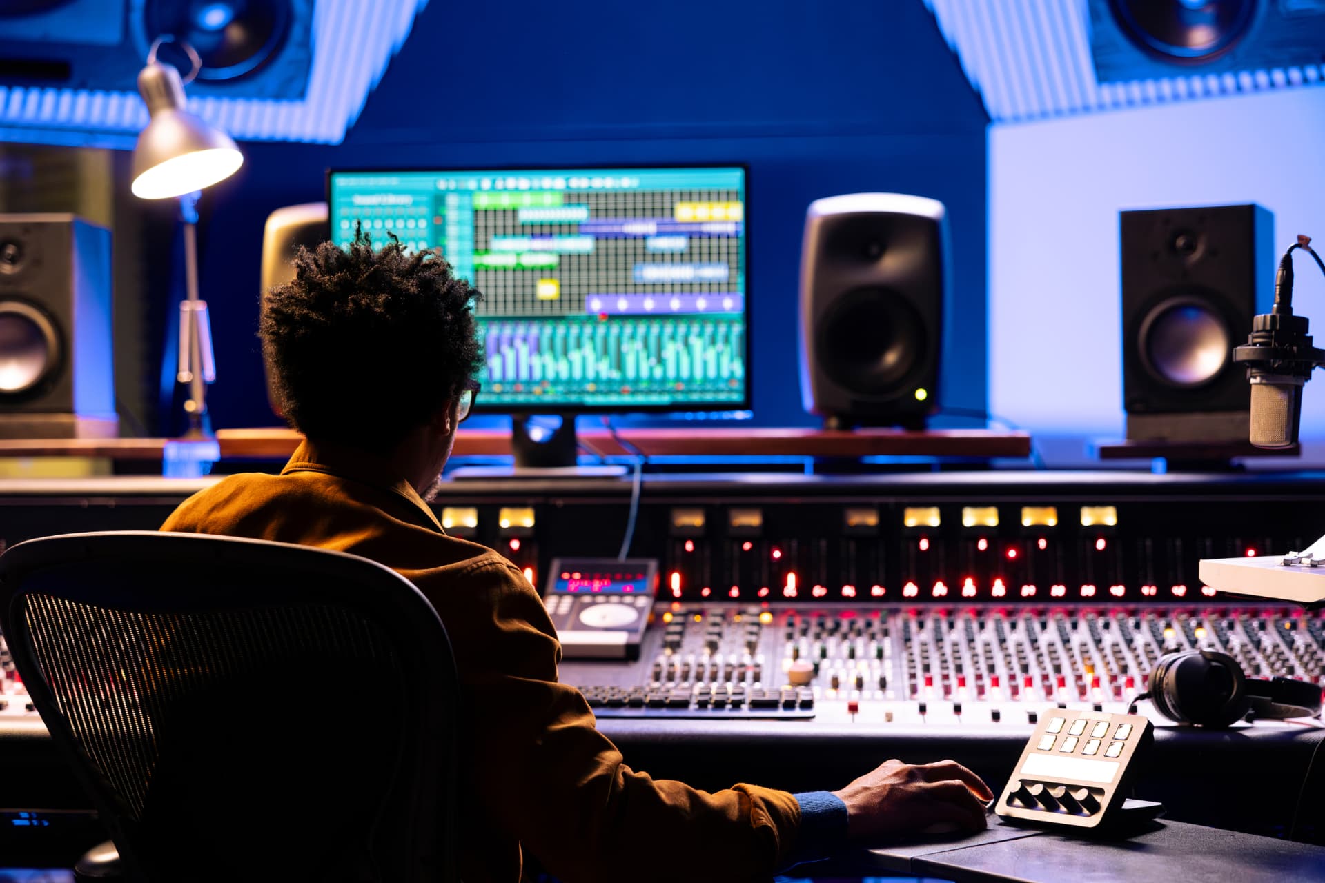 Music producer working at a professional recording console